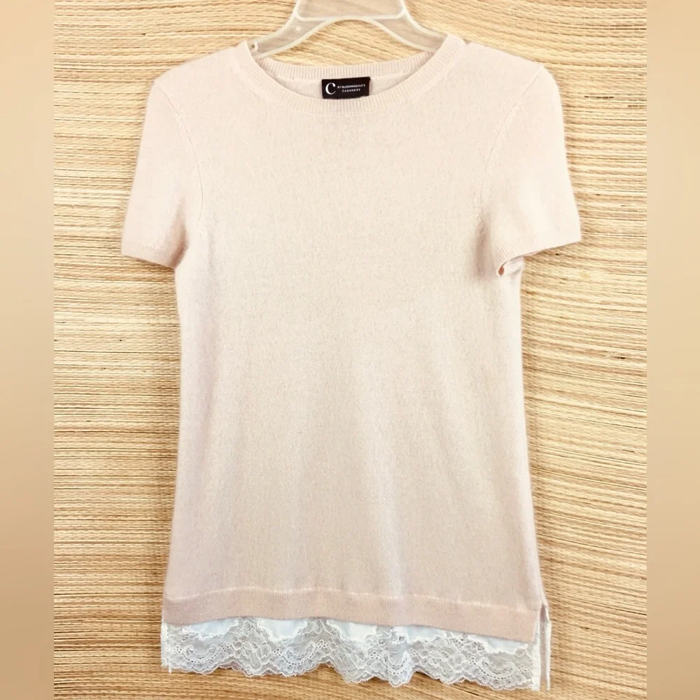 BLOOMINGDALE’S Nude Cashmere Short Sleeve Sweater With Lace Layer In Nude Size S